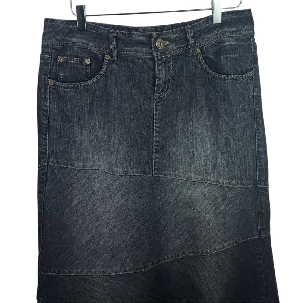 DKNY Y2K Denim Maxi Skirt Paneled Zig Zag Ruffle Mermaid Flare Boho Women's 12 - Picture 4 of 12